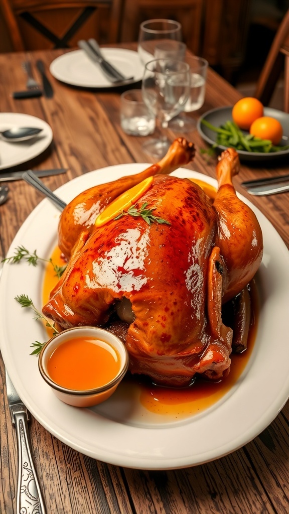 Roasted duck on a platter with orange slices and sauce, garnished with herbs.